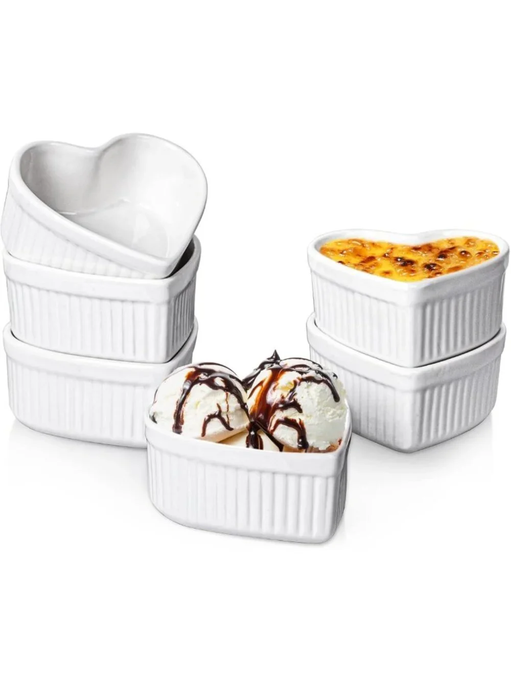 Heart Shaped Ramekins Set of 6 - 6 Oz Porcelain Baking Dishes for Souffle